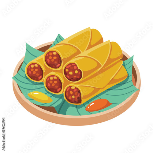 Delicious golden fried spring rolls served on a bed of fresh green leaves with dipping sauces
