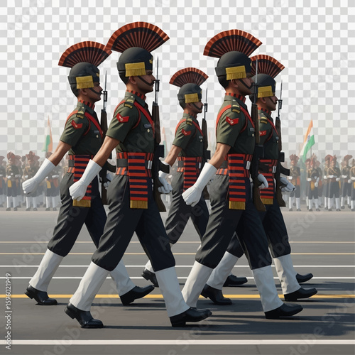 Soldiers in uniform march in formation, carrying rifles during a parade, with spectators blurred in the background.