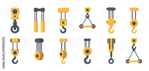 Collection of various yellow and gray industrial lifting hooks and pulleys