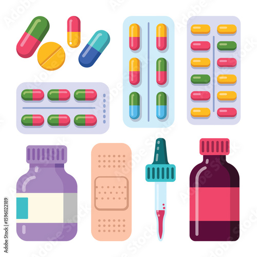 Collection of various medicines including pills capsules bottles and dropper