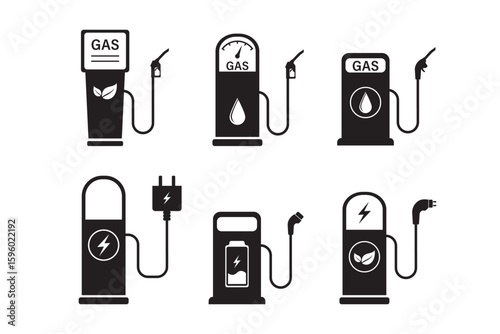 Set of oil fuel and electric charger station. Collection of stations for electric car and auto with gasoline engine, icons set. EV car, green hybrid vehicles charging point