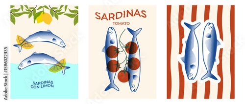 Sardines, illustration, packaging Three stylized sardine prints feature lemon, tomato, reflecting Mediterranean flavors and vintage charm. for gourmet branding or food festivals