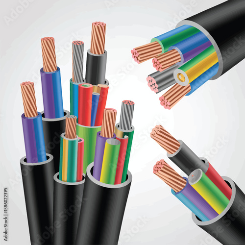 Bundle of colorful electrical wires and cables with exposed copper strands