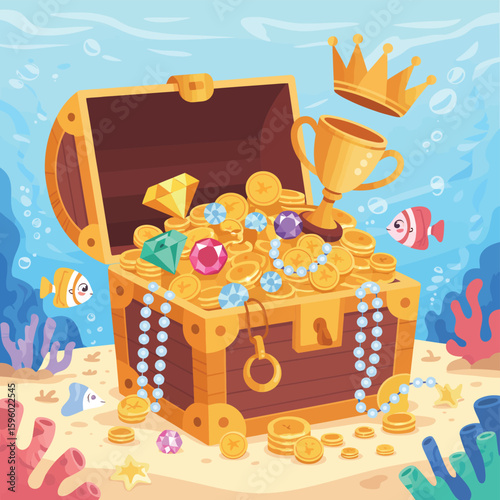 Underwater treasure chest overflowing with gold coins and jewels