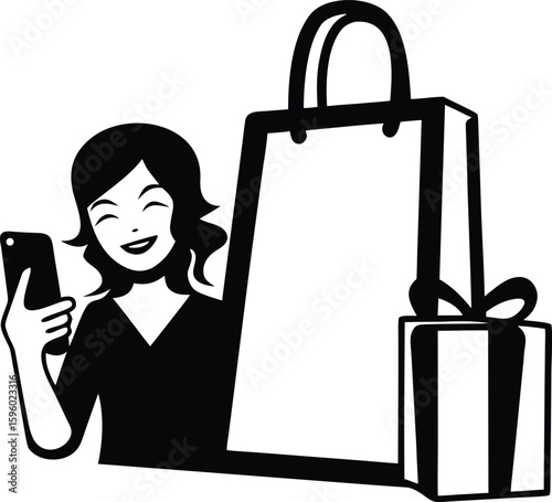 Happy Woman Shopping Online – Vector with Phone, Gift Box, and Shopping Bag