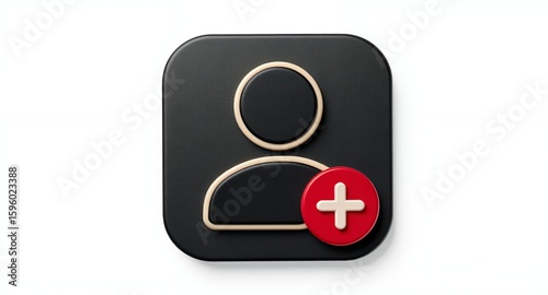3D Render of Add User Icon Black Square Button with Plus Symbol