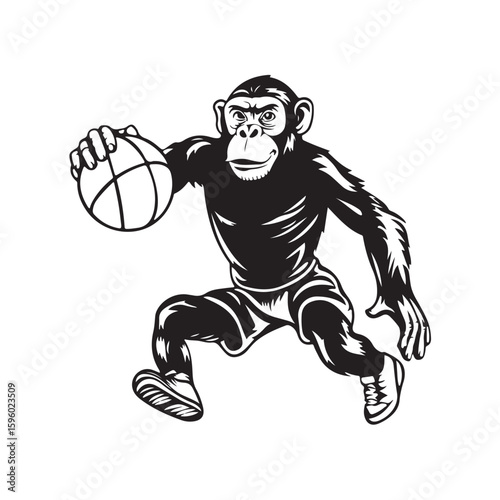 Vector illustration of a sketch of a monkey dribbling a basketball in a dynamic and expressive style isolated on a white background.