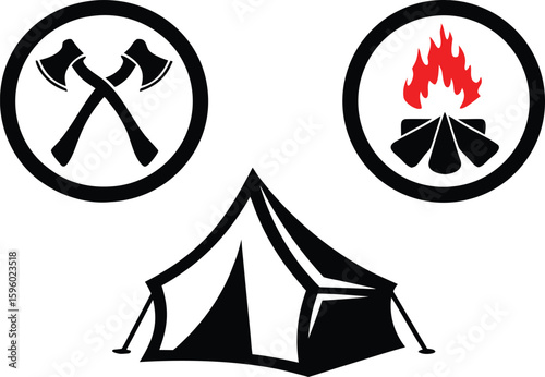 Camping Icon Set – Tent, Campfire, and Crossed Axes Vector Illustration