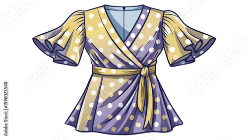 Wrap dress with polka dots and flutter sleeves displayed on a clean white background. The soft fabric folds naturally, showcasing elegant charm in a stylish semi-realistic vector-ready design.