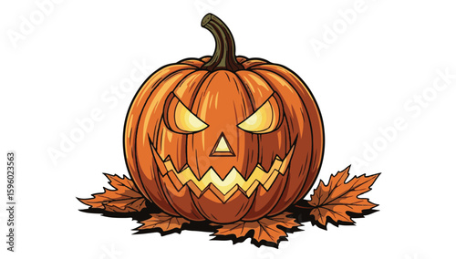 Spooky Jack-o'-Lantern in Autumn Leaves Illustration