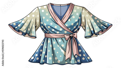 Wrap dress with polka dots and flutter sleeves displayed on a clean white background. The soft fabric folds naturally, showcasing elegant charm in a stylish semi-realistic vector-ready design.