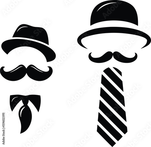 Vector gentleman icon set with hats, mustaches, bow tie and necktie in black and white