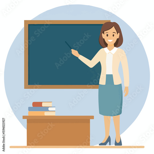 Clean and modern vector  teacher teaching lesson in classroom with blackboard and books for education learning and school illustration
