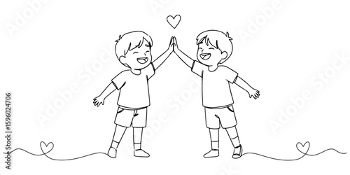 Continuous single line drawing of siblings giving each other a high five with a heart drawn on it, cheerful family bonding, line art style vector illustration.