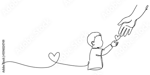Continuous single line drawing of a child handing a heart to a parent, a love gesture icon. Line art style vector illustration.