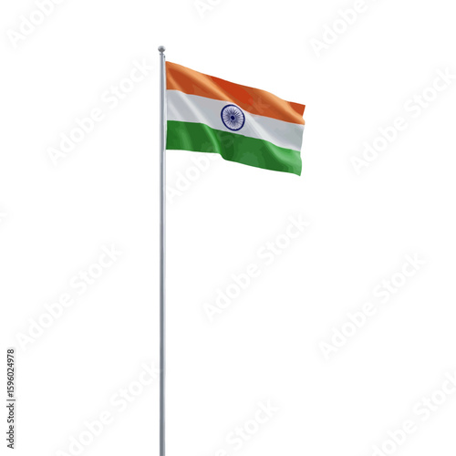 The Indian national flag billows gently on a tall flagpole against a stark white background.