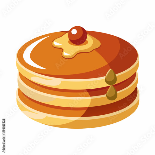 Stack of pancakes with syrup and cherry on top in bright colors  
