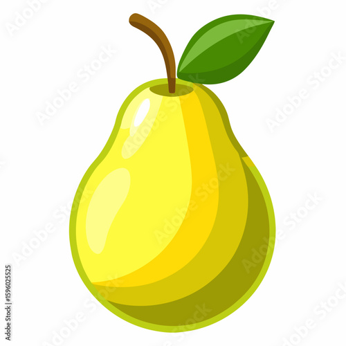 Yellow pear fruit illustration with green leaf on white background  