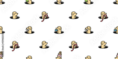 dog seamless pattern Beagle Golden Retriever hole cartoon character ice cream tennis ball food bowl sausage hotdog puppy vector pet breed cartoon tile background gift wrapping paper repeat wallpaper d