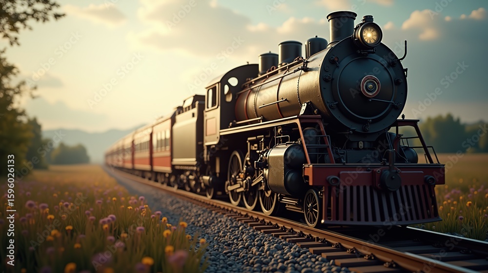 Fototapeta premium Vintage Steam Train Journey Through Scenic Landscape at Sunset