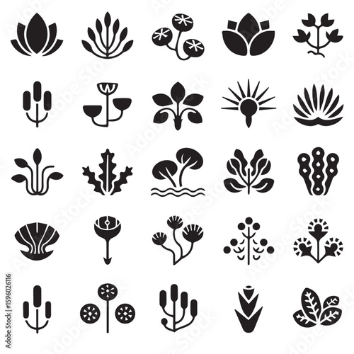 Diverse aquatic plant icons arranged in a grid featuring lotus, kelp, and papyrus