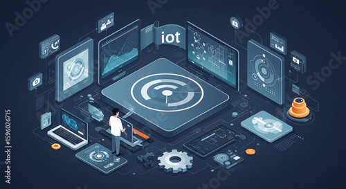 Isometric Illustration: Man Interacting with IoT Network Data Visualization and Smart Devices.