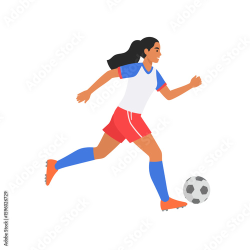 Female soccer player with a ponytail in a red, white, and blue uniform running and dribbling the ball.