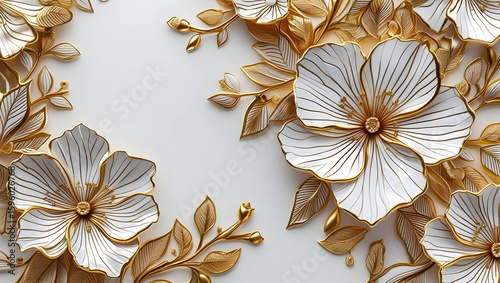 Gold and White Floral Pattern isolated on transparent background  