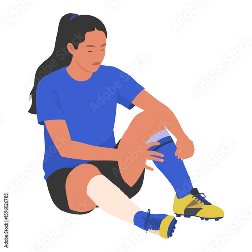 Female Soccer Player Injured Leg, Attending to Injury, Flat Design