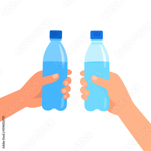 Two Hands Holding Light Blue Plastic Water Bottles