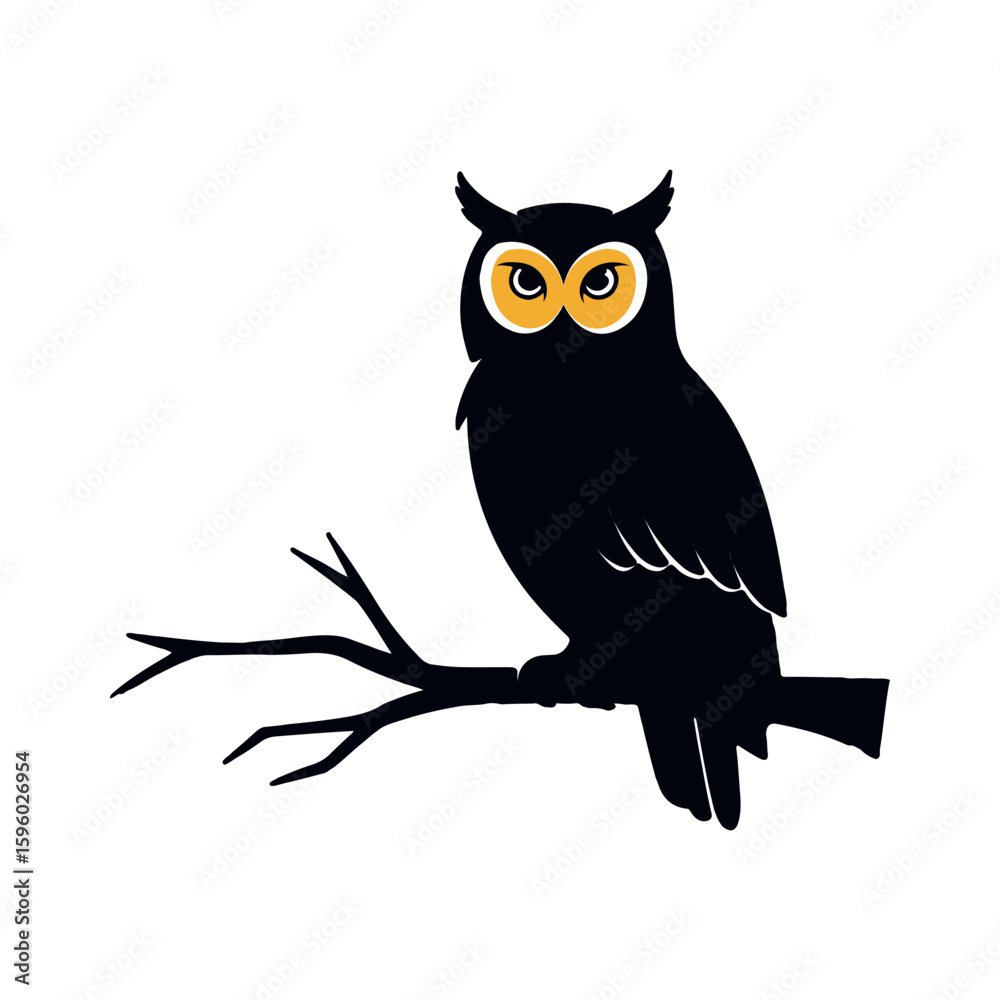 Fototapeta premium Black Owl Silhouette Perched on Branch with Yellow Eyes