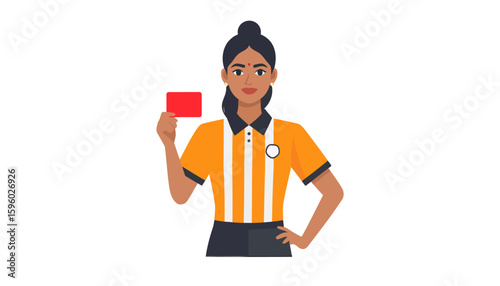 Serious Indian female referee in an orange striped uniform showing a red penalty card.