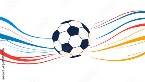 Dynamic illustration of a soccer ball in motion with vibrant red, blue, and yellow streaks.