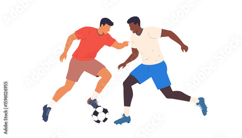 Diverse male soccer players in dynamic action, dribbling and defending, wearing athletic gear, flat vector illustration style.