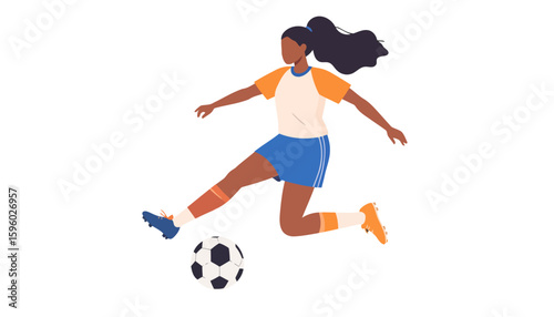 Dynamic Female Soccer Player Kicking Ball, Athletic Pose, Blue Shorts, Orange Sleeves