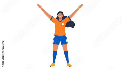 Happy female soccer player in an orange and blue uniform celebrating with arms raised high.