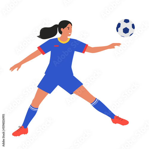 Female soccer player in a blue uniform with a ponytail, dynamically controlling the ball with her chest.