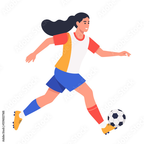 Female Soccer Player in Action, Dynamic Pose, Colorful Jersey, Yellow Cleats