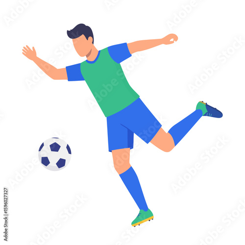 Soccer Player Kicking Ball, Wearing Green and Blue Uniform, Action Pose