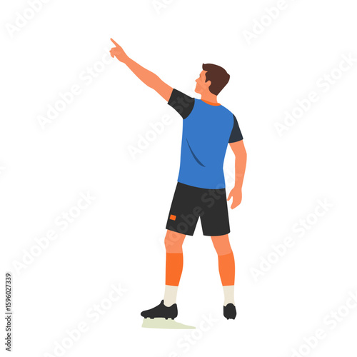 Male soccer player in blue jersey and orange socks pointing upwards, rear view illustration.