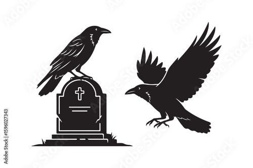 Black Raven and Tombstone Silhouette Illustration crow