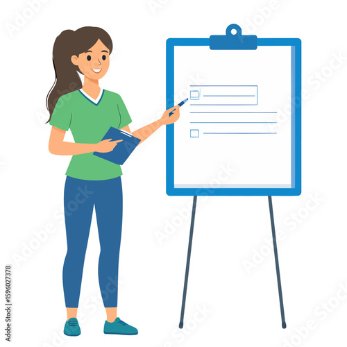Smiling cartoon woman with a ponytail presenting a checklist on a flip chart, holding a clipboard and pen.