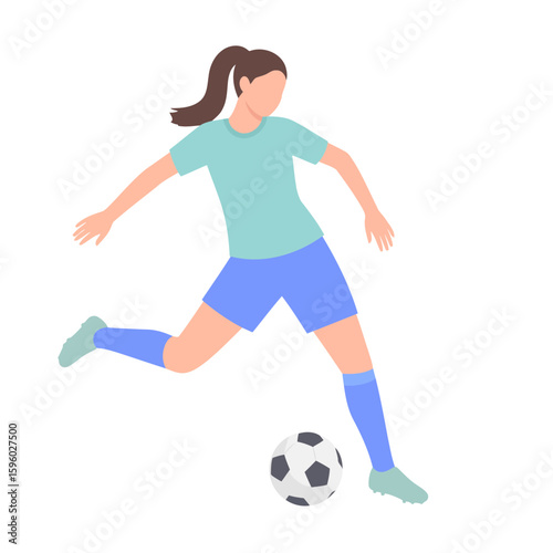 Woman soccer player kicking ball in action, athletic pose