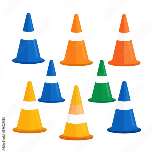 Collection of brightly colored traffic cones in various sizes and hues.