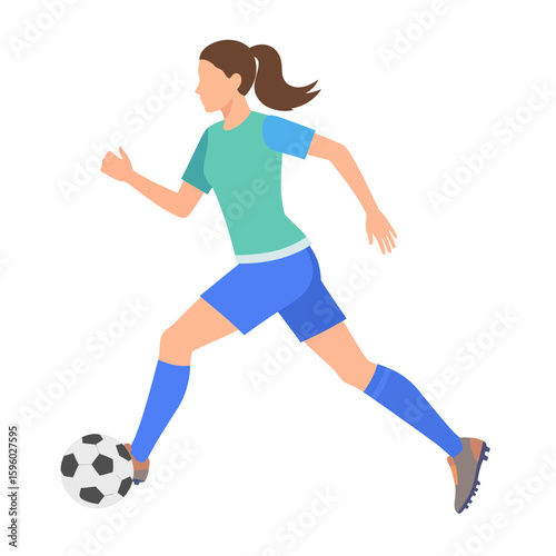 Athletic woman in turquoise and blue uniform dribbling a soccer ball