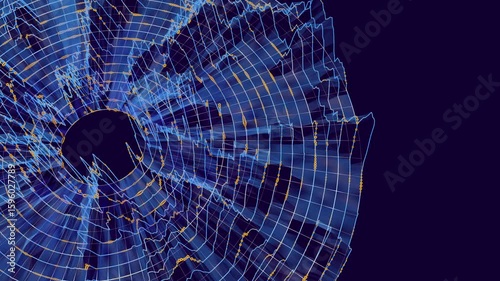 Abstract futuristic graph information computing  on disk space in dark cyberspace. Complex Big Data analysis processing. Digital AI technology information flow