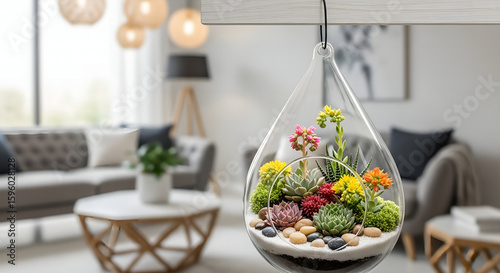 Minimalist Home Decor Hanging Terrarium with Succulents and Colorful Flowers in Modern Living Room