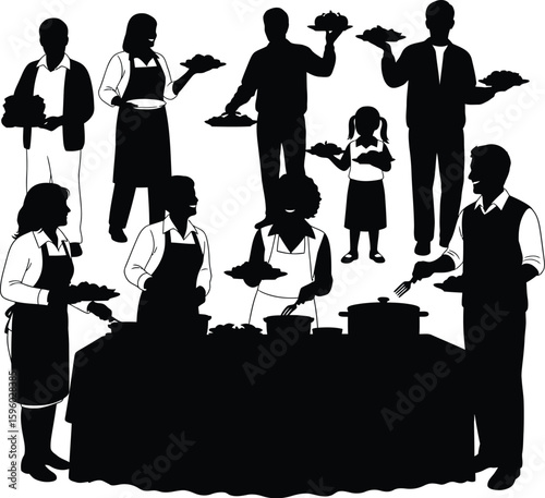 Family cooking together silhouette vector illustration people cooking food preparation party celebration
