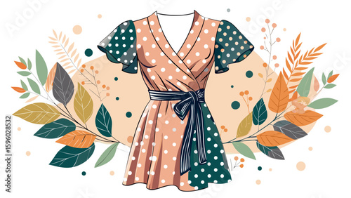 This polka dot wrap dress features delicate flutter sleeves and a cinched waist. Set against a white backdrop, its flowing form brings a graceful, modern vector aesthetic to life.