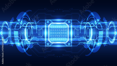 Futuristic Microchip and Cyber Circuit in Blue Digital Interface Background.